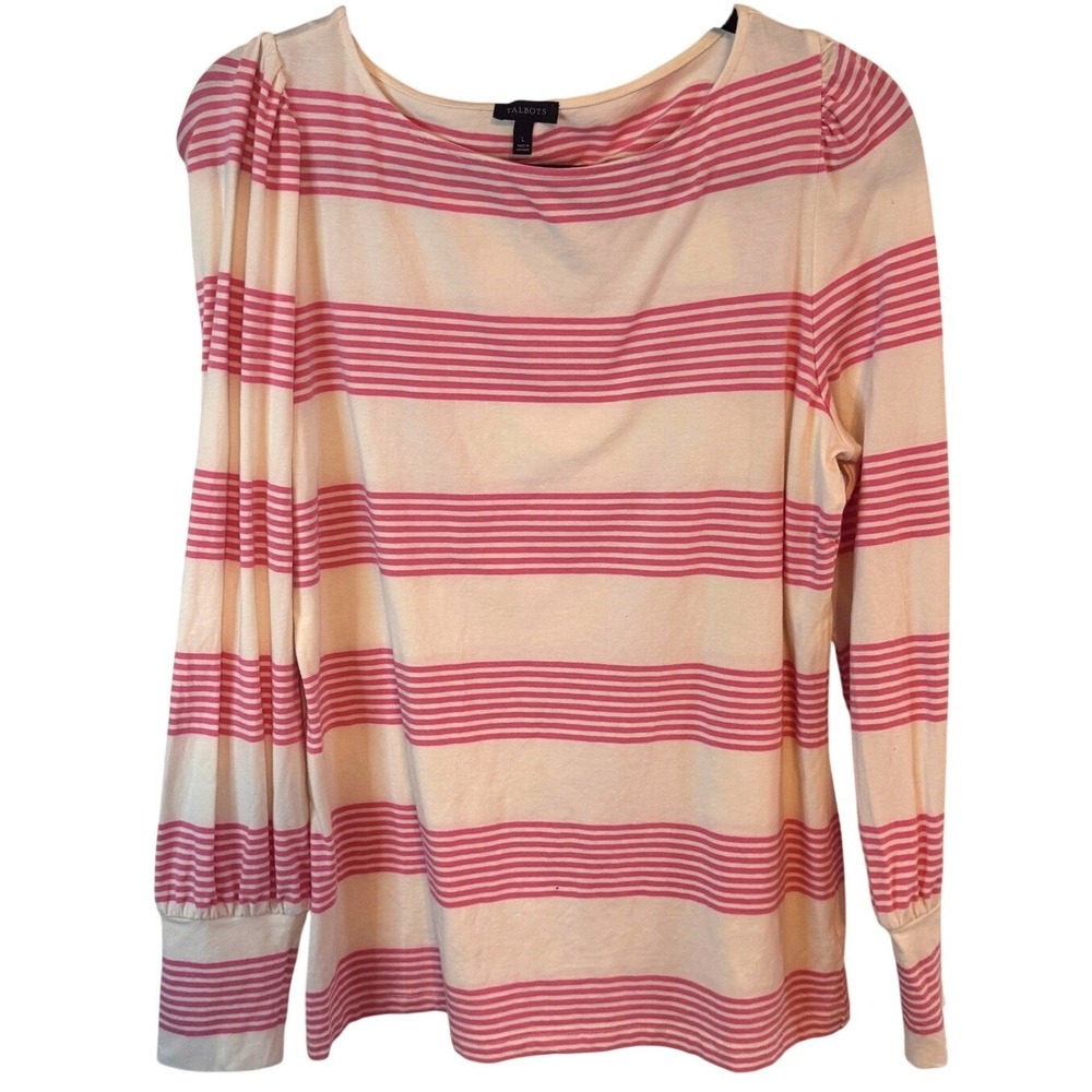 Talbots Top Striped Puff Sleeve Large Pink Womens Boat Neck Casual Preppy